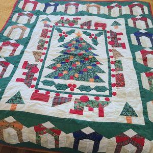 Vintage Handmade Quilted Tree Skirt Blanket Set Retro Trains Trees Applique